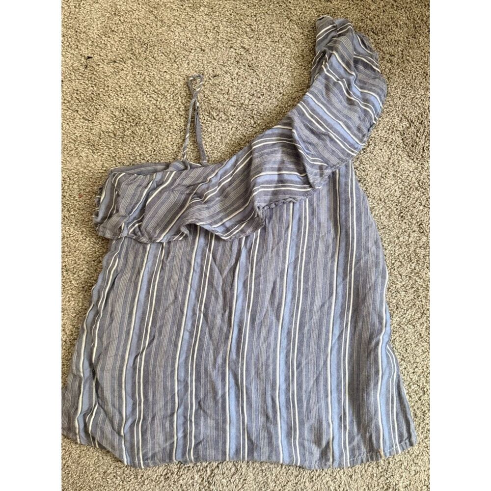 Hollister Blue and White Striped One-Shoulder Ruffle Top